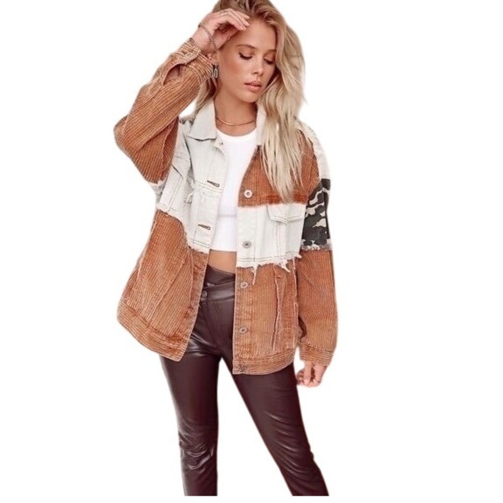 VICI Mixed Fabric Jacket Medium Corduroy Denim Camo Patchwork Raw Edge Size M